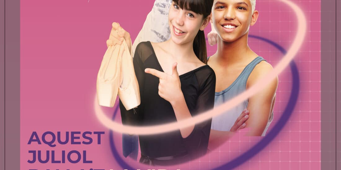 Flyer dels Cursos d'Estiu 2025 de l'Escola de Dansa Solsona, apereixen dues noies i un noi amb ganes de ballar.