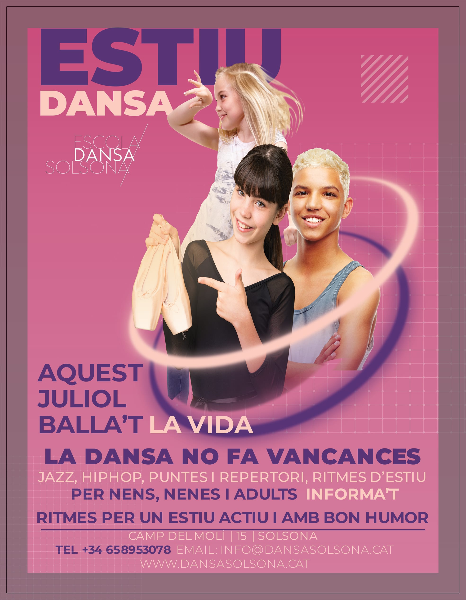 Flyer dels Cursos d'Estiu 2025 de l'Escola de Dansa Solsona, apereixen dues noies i un noi amb ganes de ballar.